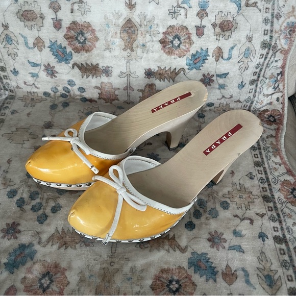 Prada Shoes - Prada Y2K Yellow Leather Mules with Bow